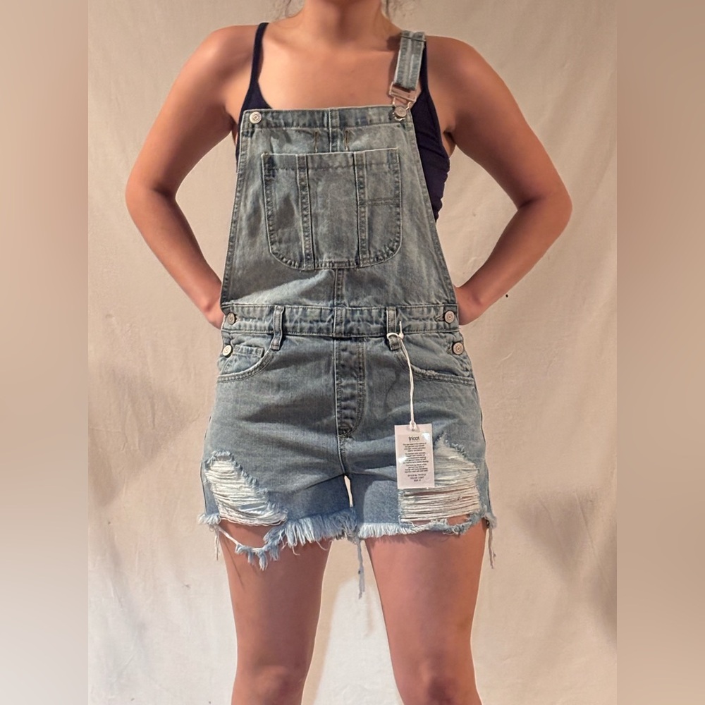 Blue Distressed Denim Overalls